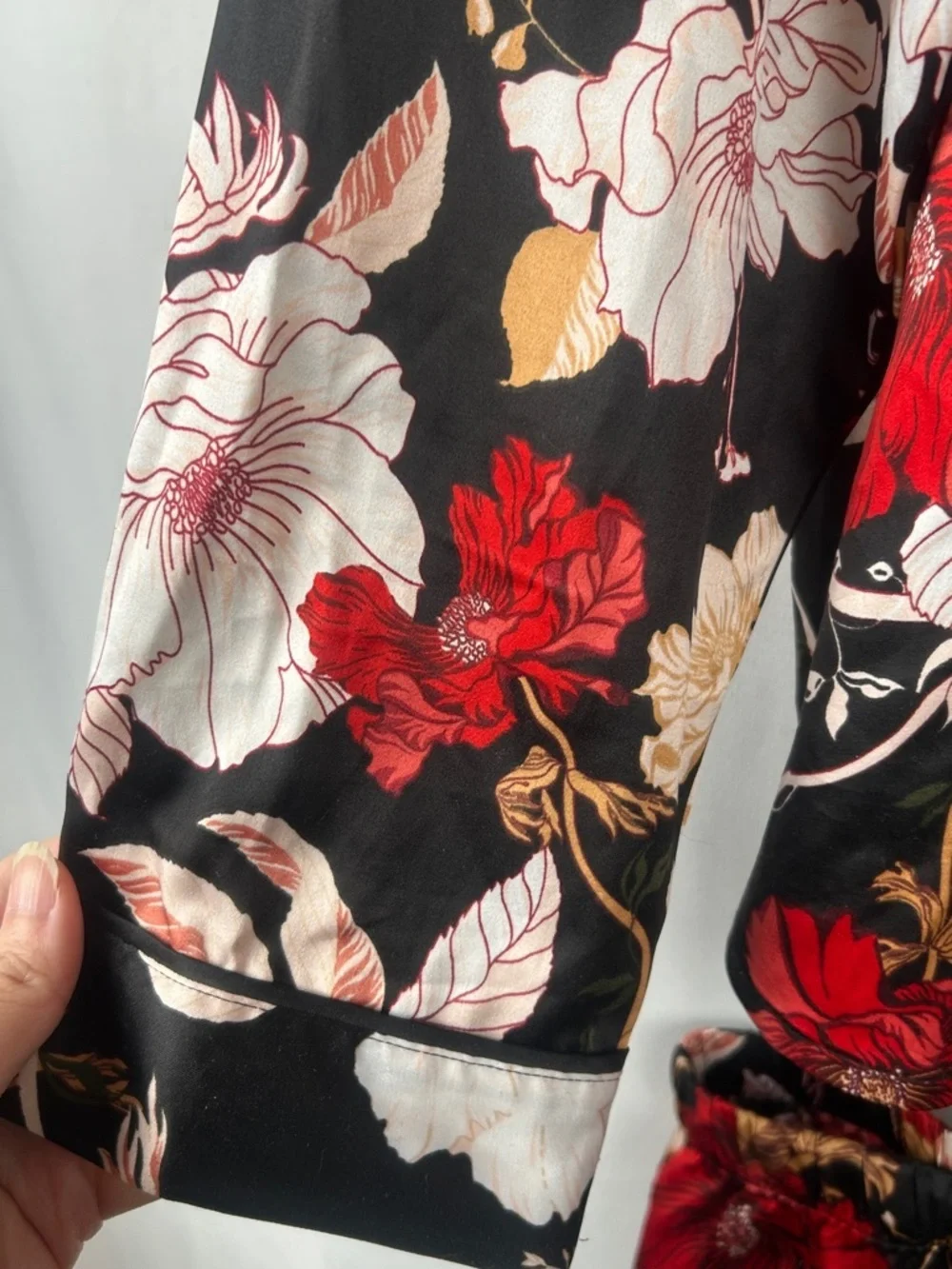 Stars Above Black Floral Satin Pajama PJ Set with Red and Pink Bloom Flowers XL
